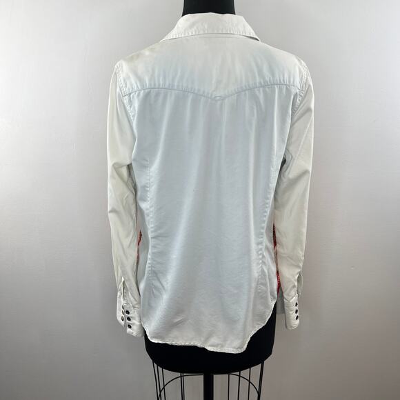LUCKY BRAND White Red Dixie Scarf Print Chambray Pearl Snap Shirt Western Top L - Picture 6 of 7